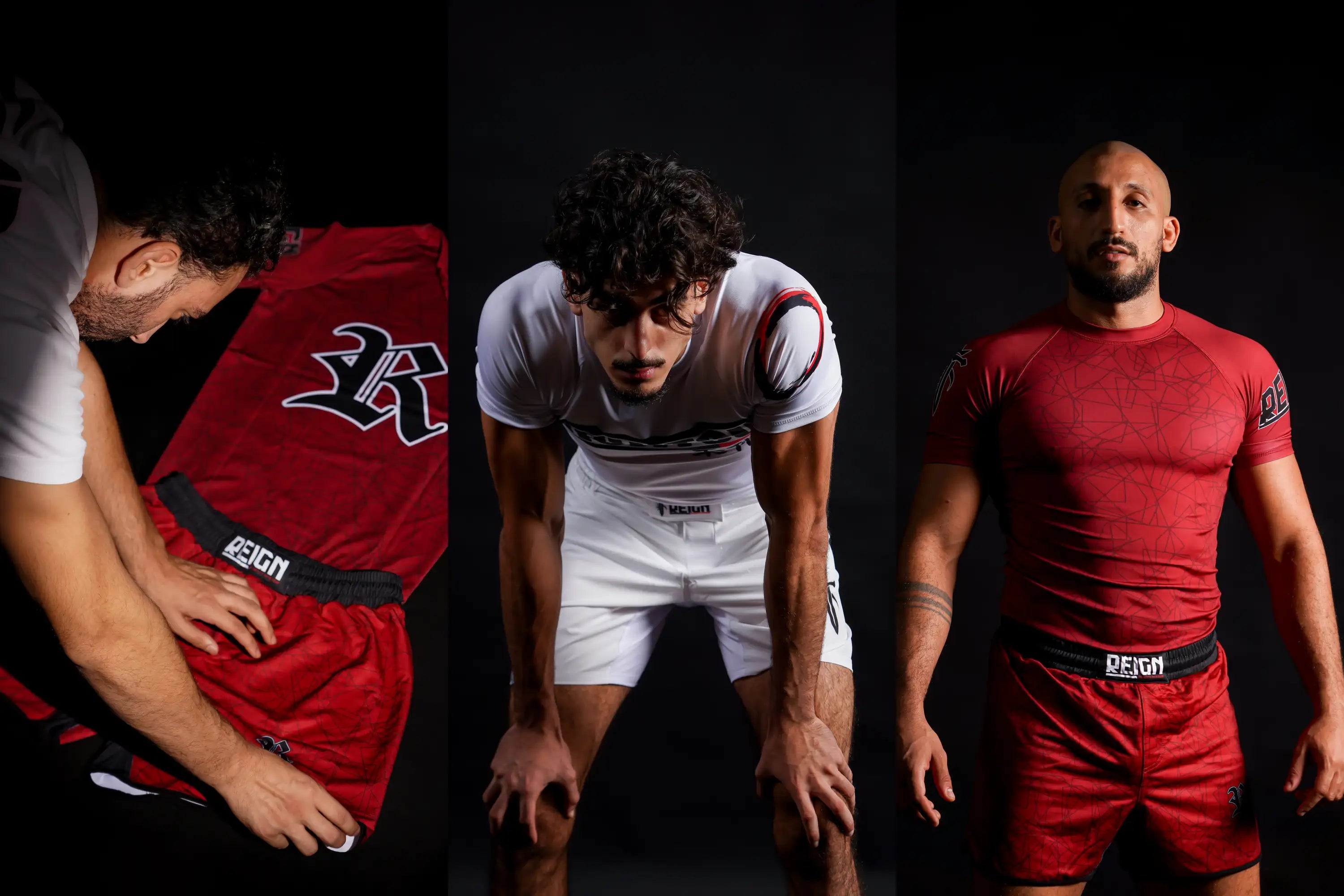 Trois photos d'athlètes portant les full sets Reign Fightwear dans toutes les couleurs, présentant la collection MMA et grappling