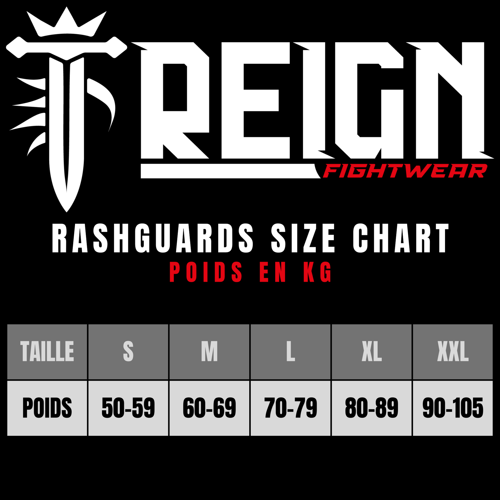 Tableau des mesures Reign Fightwear pour choisir la bonne taille